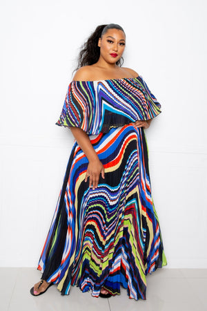 PLUS SIZE Geo Printed Off Shoulder Pleated Maxi Dress