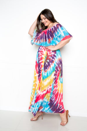 Tie Dye Off Shoulder Pleated Maxi Dress