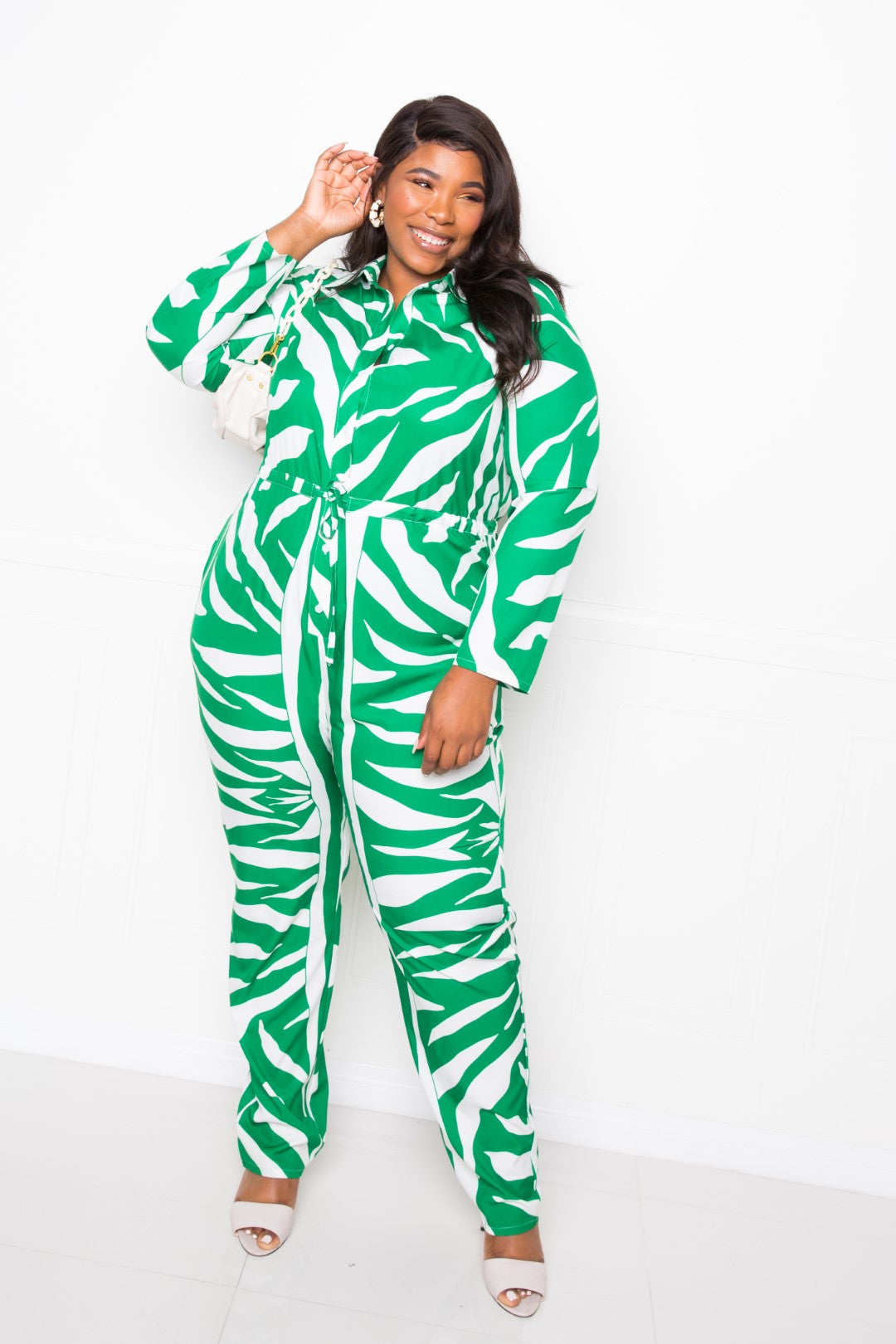 PLUS SIZE Button Up Long Sleeve  Jumpsuit