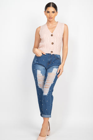 Rhinestones Ripped-front Denim Jeans