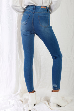 Mid Blue High-waisted With Rips Skinny Denim Jeans